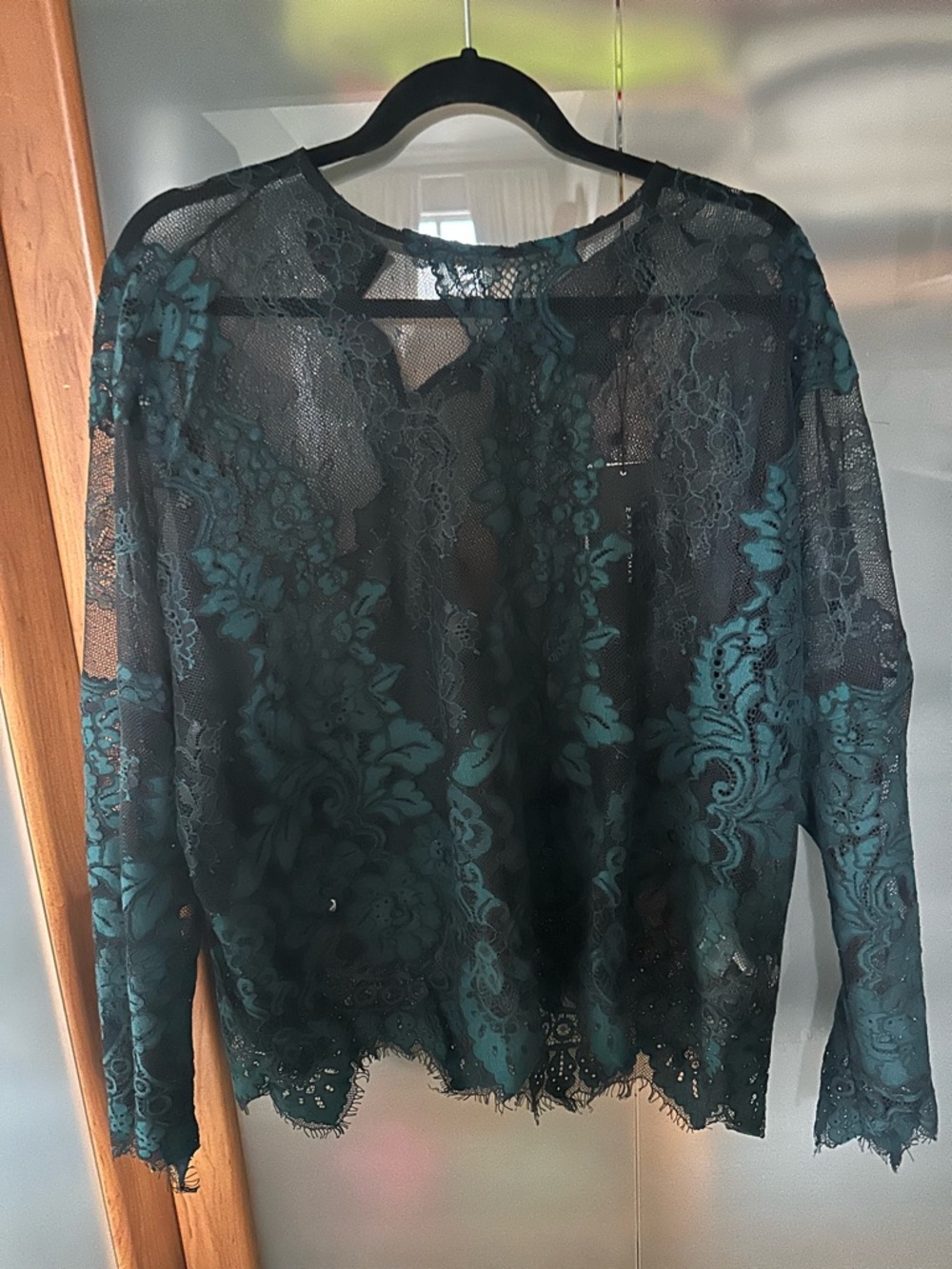 Zara Teal and Black Lace Sheer Blouse